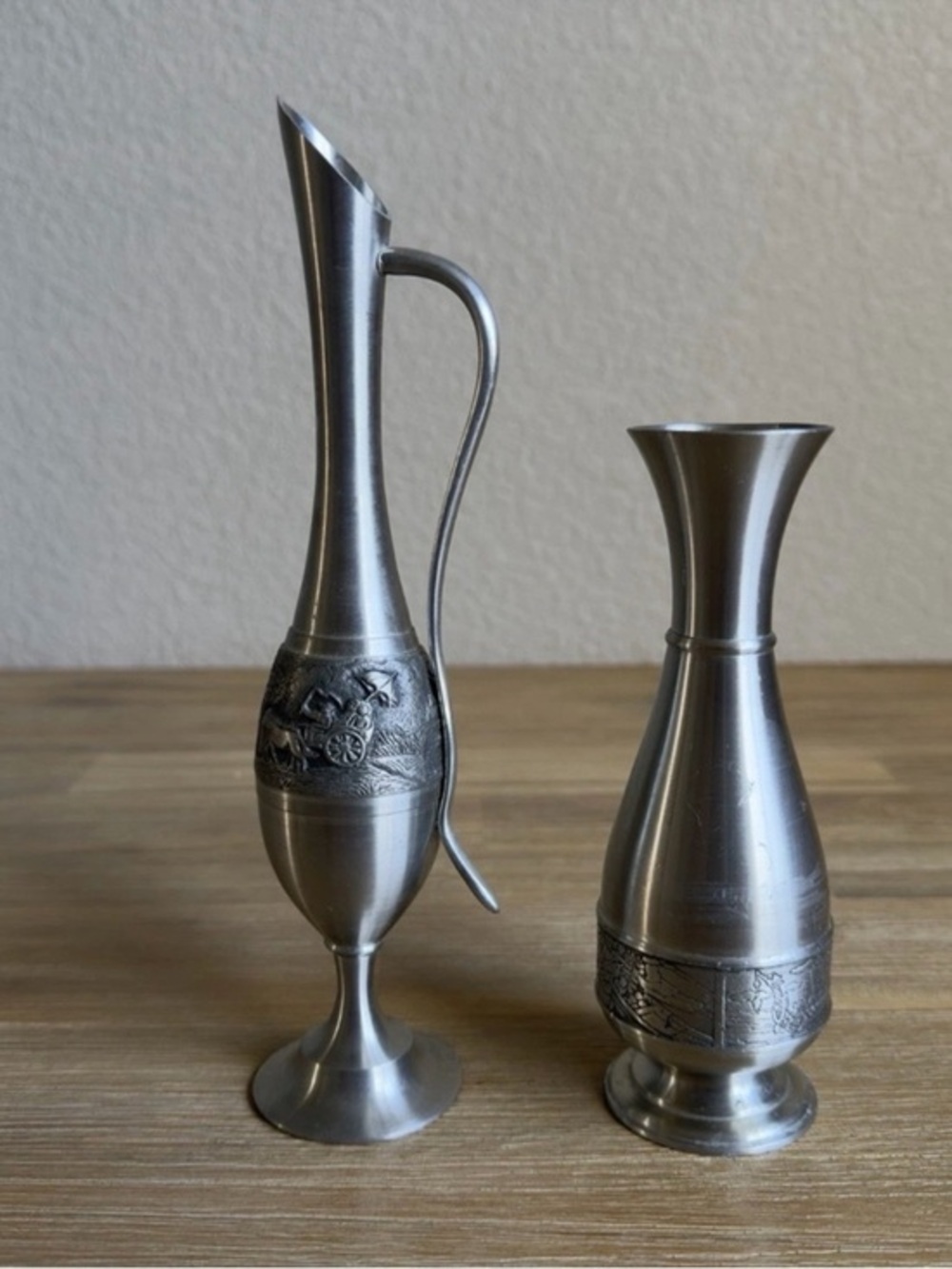 Vintage Pewter Skinny Bud Vases And Pitcher 8” and 6” Tall Silver Color Set of 2